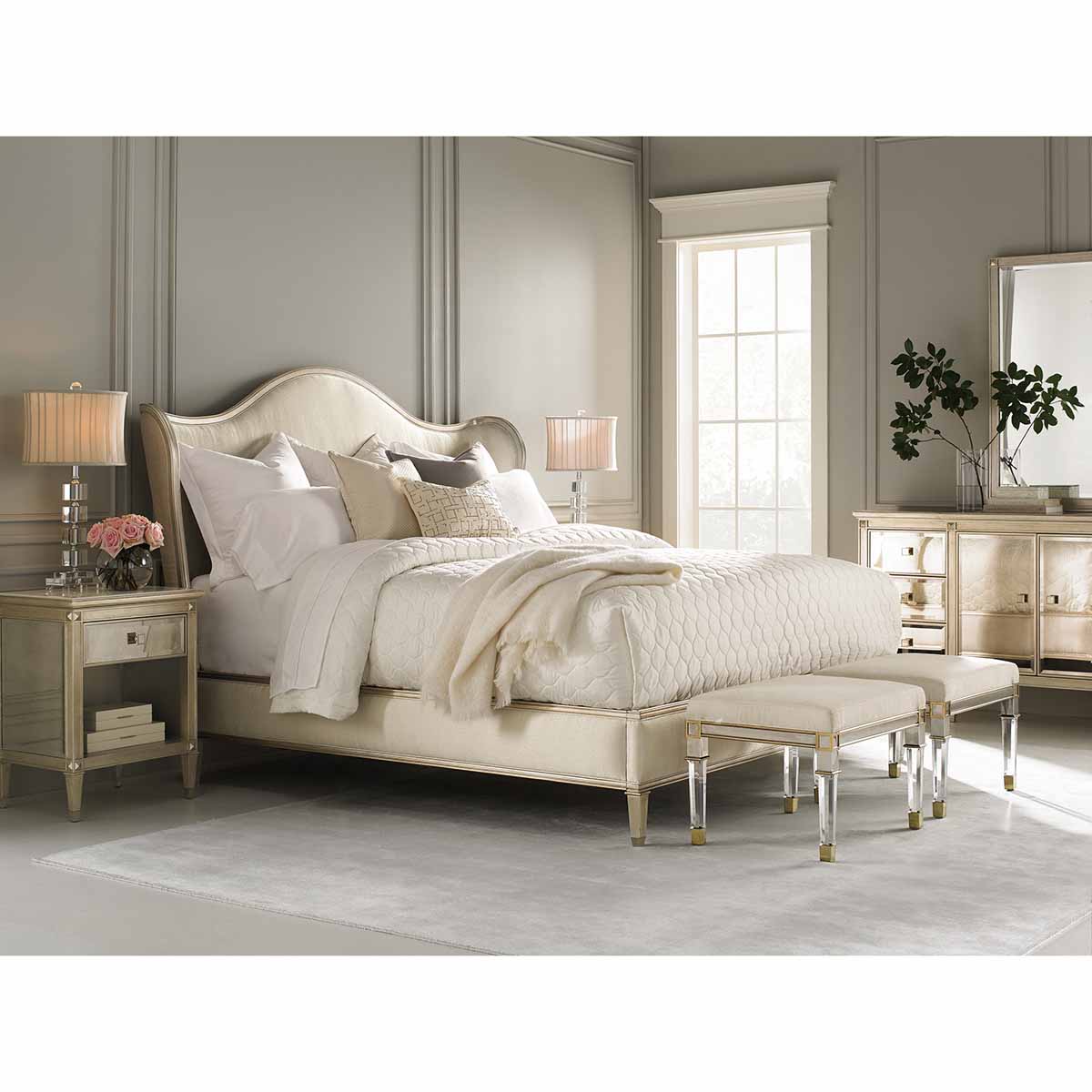 Caracole Classic Collection Items in picture: “Bedtime Beauty” Bed, “You’re A Beauty” Nightstand, “La-Dee-Dah” Dresser, “Silver And Gold” Stool and “Beautiful” Mirror
