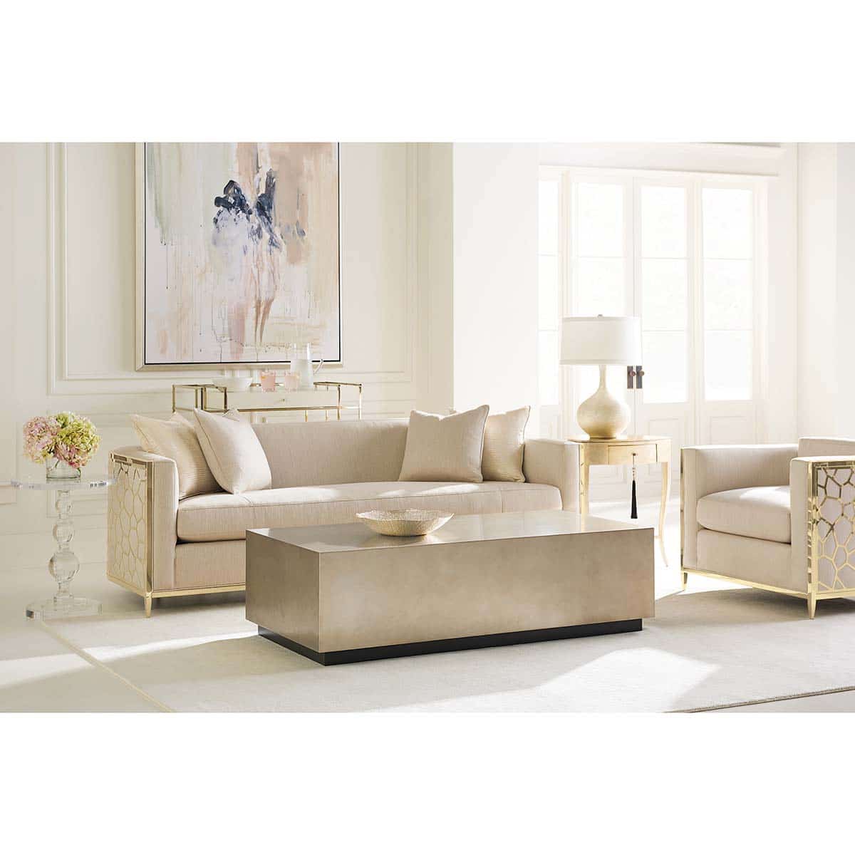 Caracole Classic Collection - Contemporary Furniture Available at Place Direct - Items in picture: “Ice Breaker” Sofa, “Ice Breaker” Club Chair, “Cocktail Couture” Coffee Table, “Drinks Are On Me” Shelf Unit, “All Clear” Side Table and “Tres Tres Chic” Side Table