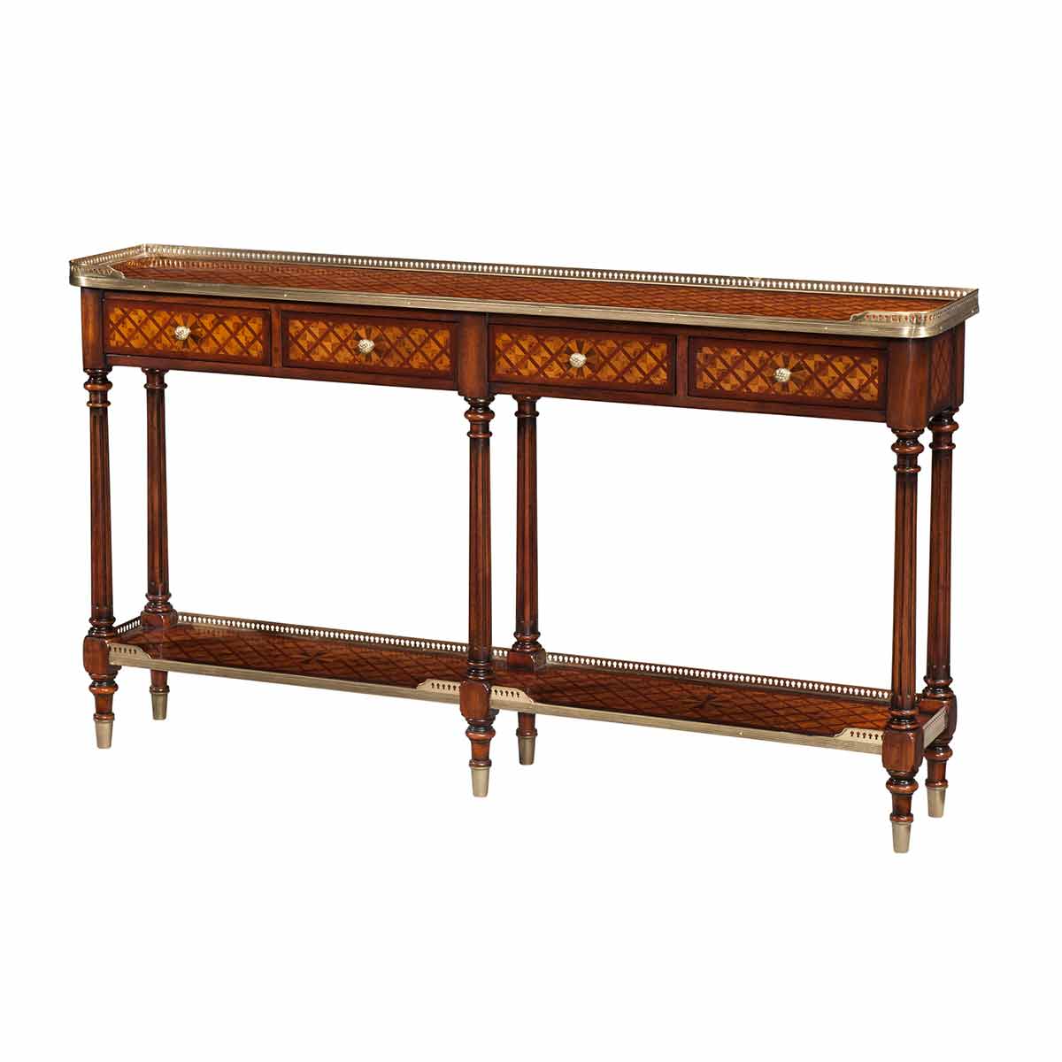 Burl Lattice Parquetry, Brass Mounted Console Table | Traditional Fine Luxury Classical Louis XVI Handcrafted Furniture